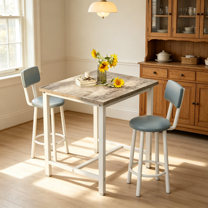 Ensemble de salle à manger industriel haut, table de pub compacte 3 pièces avec 2 tabourets confortables, options de marbre et de bois rustique pour studio et café, noir