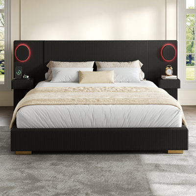Queen Size Upholstered Platform Bed with LED Circle Lights, USB Charging Ports & Storage Drawers, Black