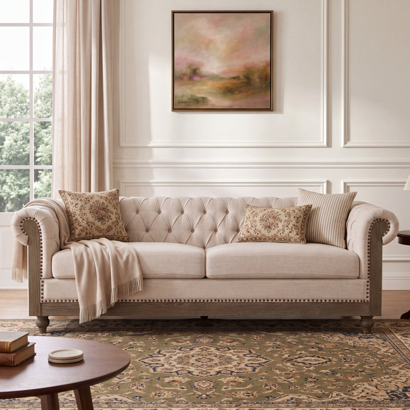 Canapé Chesterfield à accoudoirs roulés de 78,75 po Anduin, Polyester beige, Marron foncé