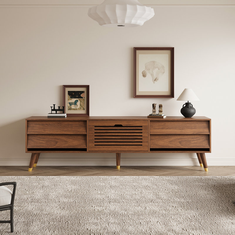 71" Mid-Century Modern TV Stand, Walnut Veneer MDF Media Console with Ample Storage