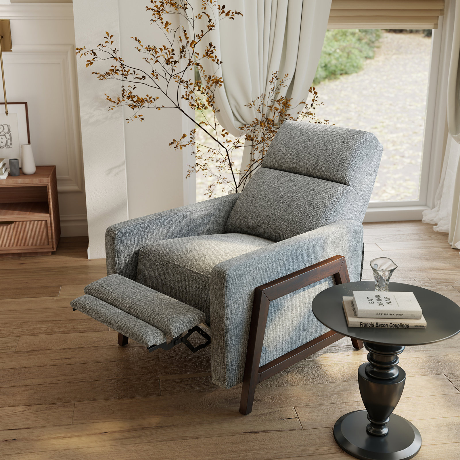 Edwin Upholstered Solid Wood Recliner, Gray