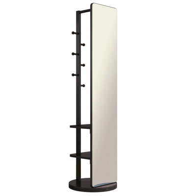 360° Rotating 66"X17.8" Multifunctional Full Length Mirror With Hook Storage Rack Coat Rack With Mirror Solid Wood Floor Mirror Bedroom Living Room Cloakroom Space Saving(Black)