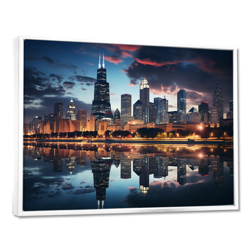 Chicago, beau paysage urbain II - art mural Chicago, Reproduction avec cadre flottant, H 12 po x l 20 po, Blanc