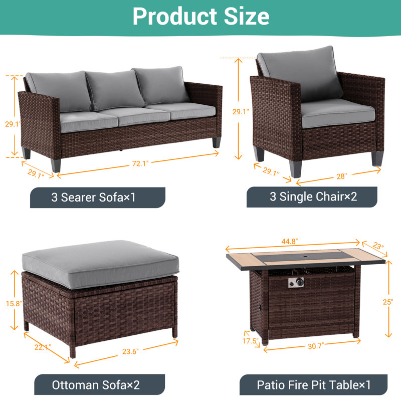 6 Piece Patio Conversation Set with Rectangular Fire Pit Table, Gray