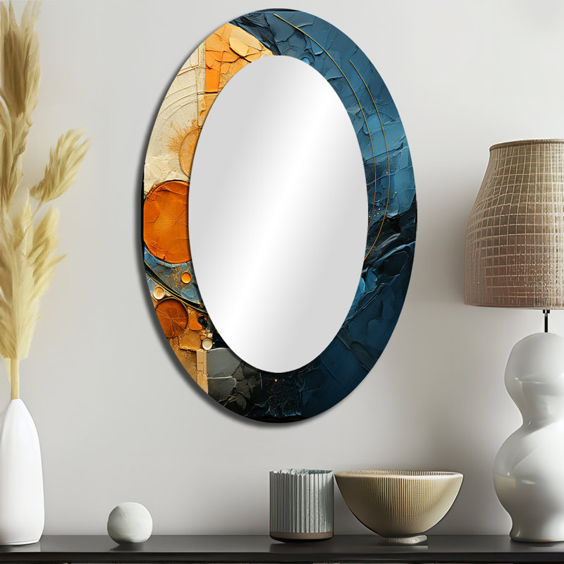 Gold Teal Abstract Spirals I - Modern Oval Wall Mirror, 36" x 24"