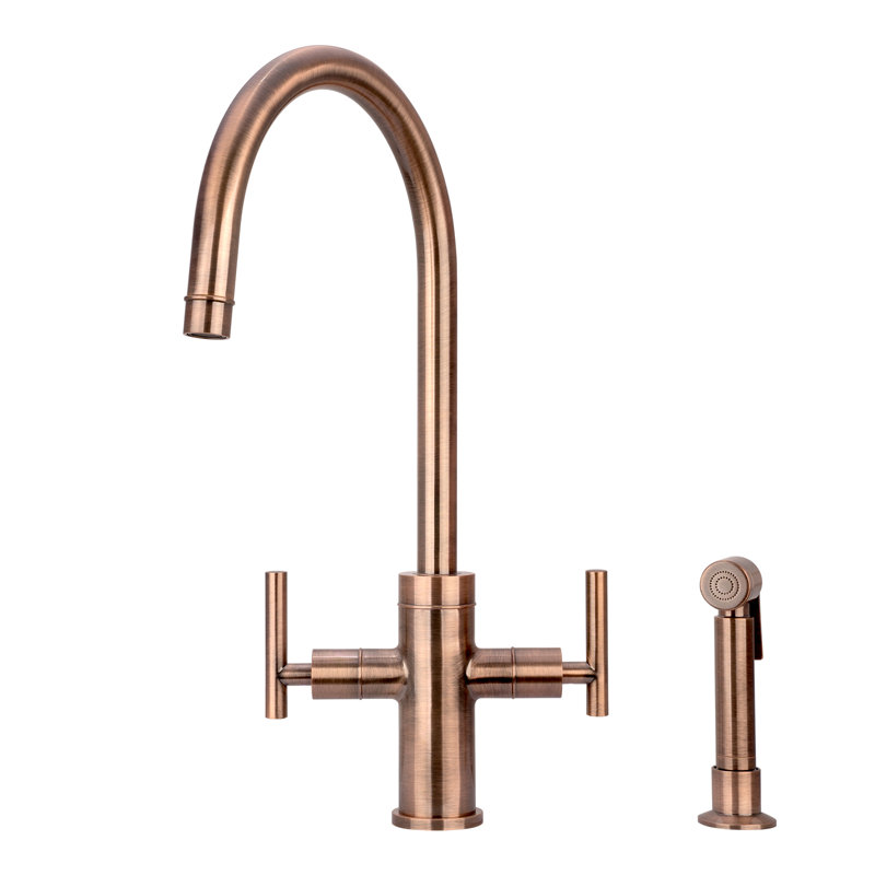 Double Handle Kitchen Faucet With Side Spray, Antique Copper