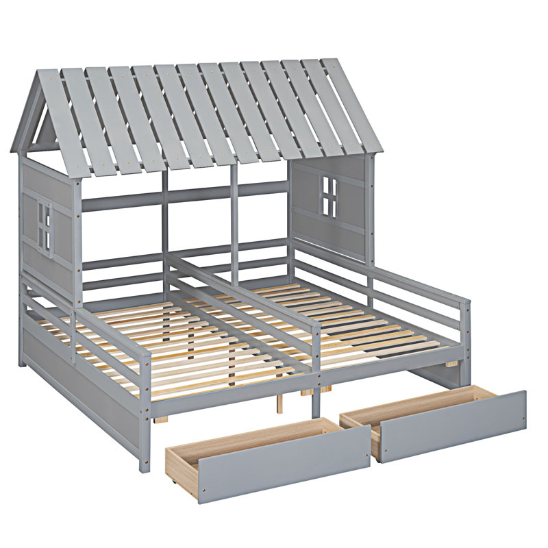 Lits plateforme House avec deux tiroirs pour lits partagés garçon et fille, Gris
