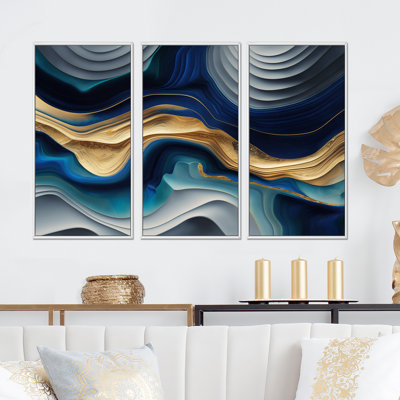 «Devli Vibrant Blue and Gold Agate I», reproduction de cadre flottant sur toile 3 pièces