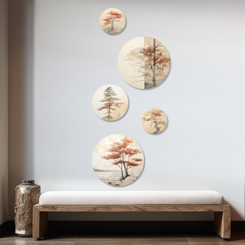 Minimalisme, séquoia beige, arbre rouge, séquoia, ensemble d'art mural rond de 5