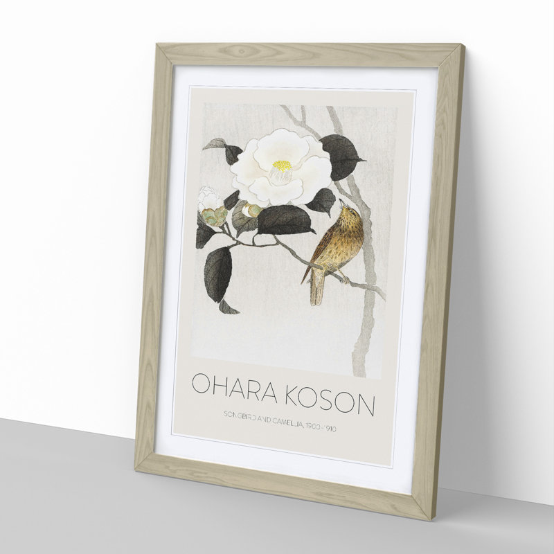Songbird & Flowering Camellia - Framed Print, 65cm H x 48cm W x 2cm D, Oak