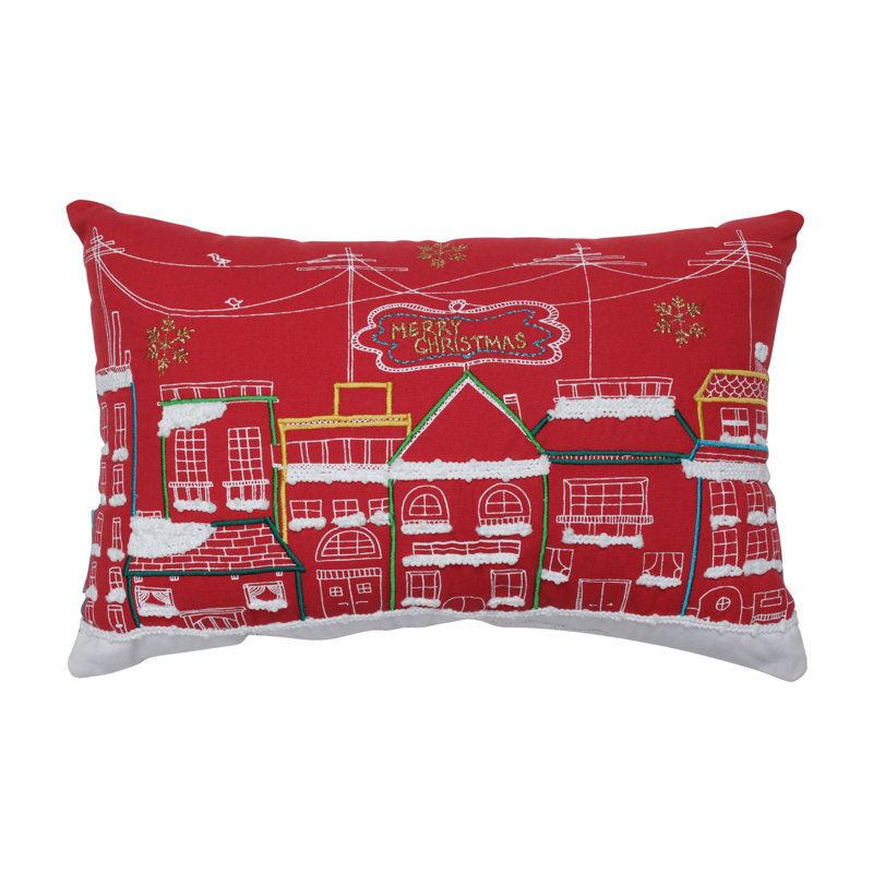 Red and White Embroidered Christmas Lumbar Pillow