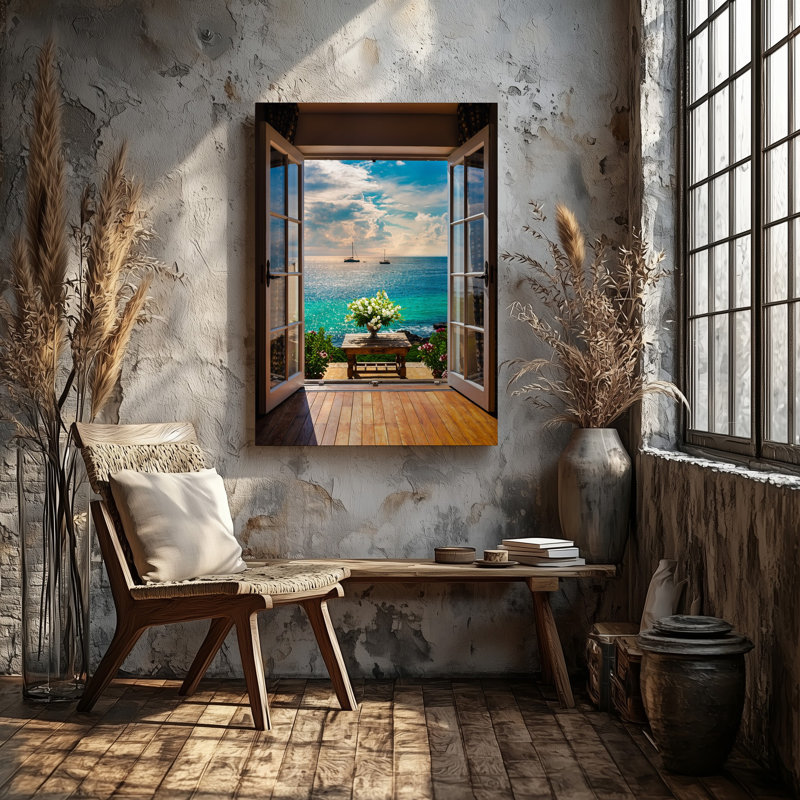 Reproduction d'art sur toile, "Scène côtière lumineuse et invitante" vue à travers un mur ouvert français, H 12 po x l 9 po