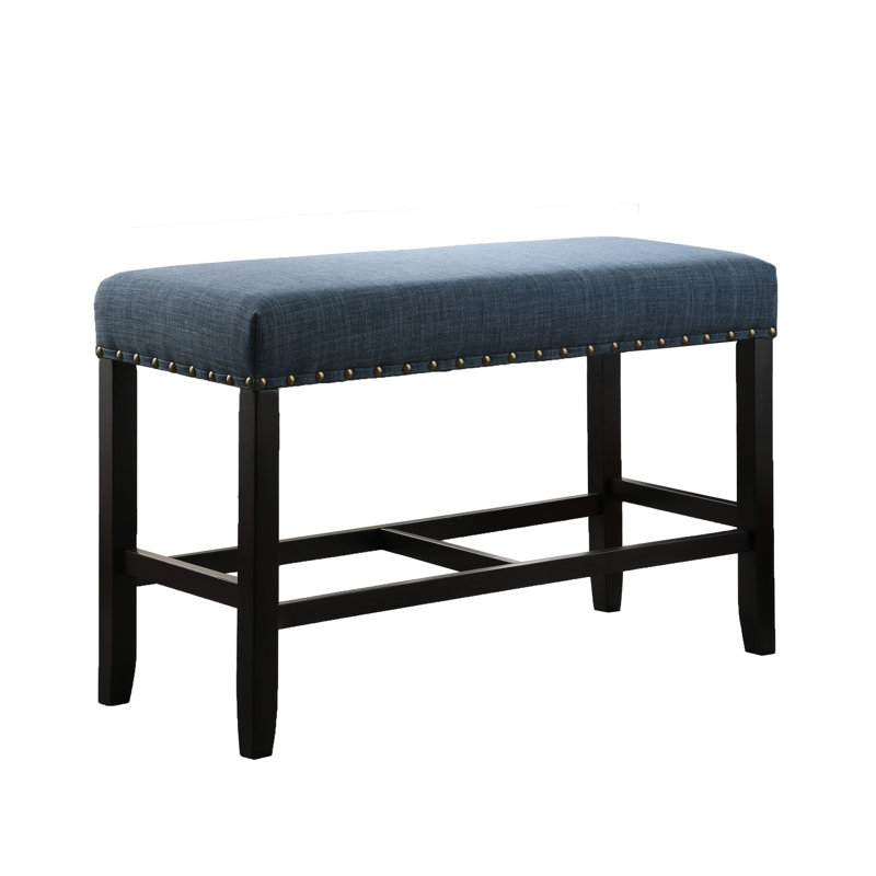 Counter Height Dining Bench With Blue Fabric Covering And Legs Trim Blend For Elegant Stable Structure, Blue