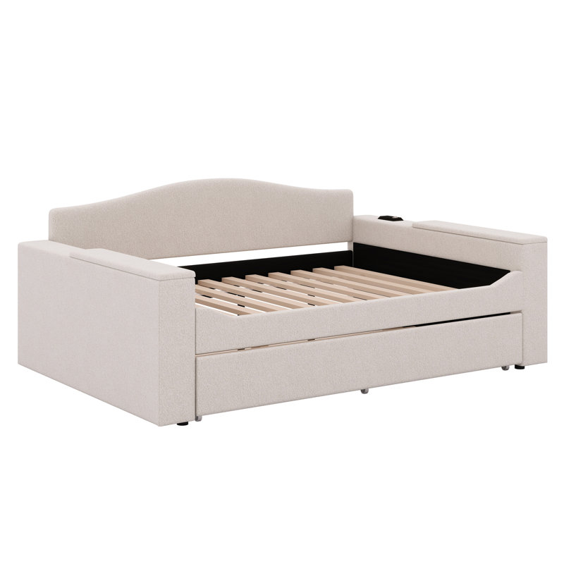 Everlina Full Size Upholstered Daybed with Storage Armrests, Trundle, Beige