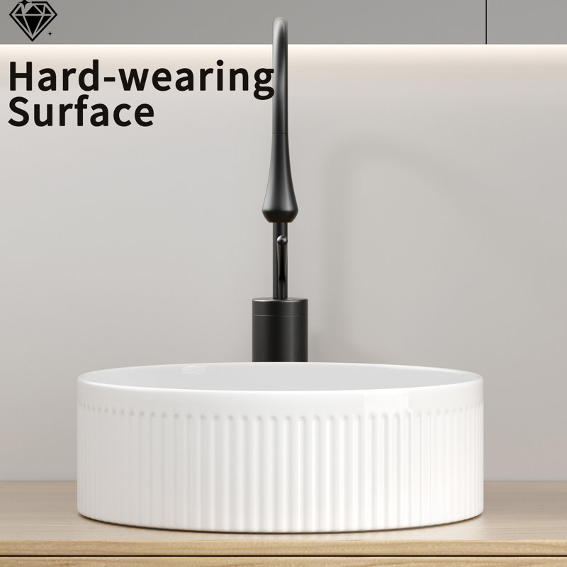 Lavabo vasque rond en céramique blanche de 14 pouces, rayures verticales et design inspiré de la nature, facile d'entretien pour la salle de bain moderne avec des motifs ondulés élégants, installation rapide