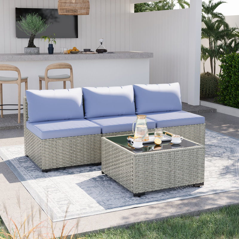 Ensemble de canapé d'extérieur en osier pour 3 personnes avec coussin, Bleu pâle, Grey