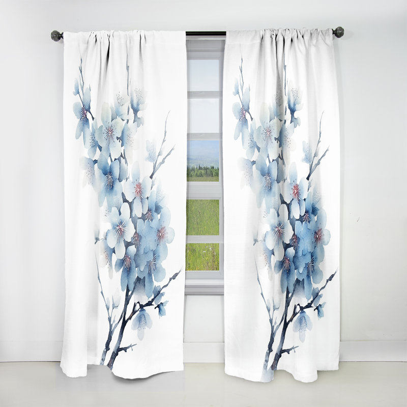 Habiki Blue and white Cherry Blossoms Sapphire - Traditional Velvet Curtain - Room Darkening - 1 panel, 52" W x 63" L