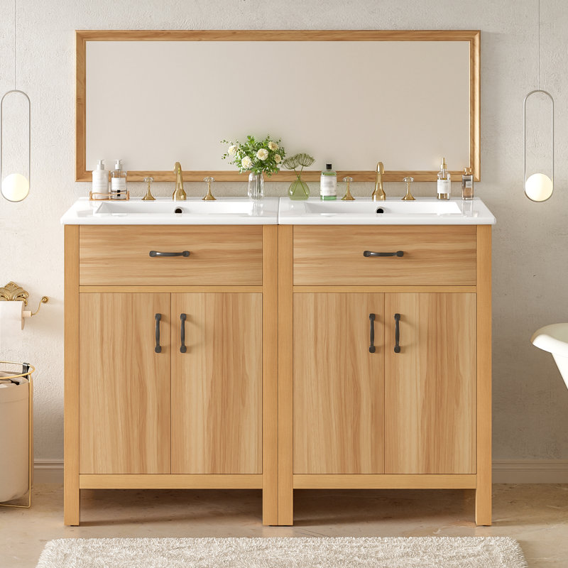 Meuble-lavabo 48 po avec lavabo, structure en bois massif, portes à fermeture en douceur, tiroir rabattable et tablette réglable