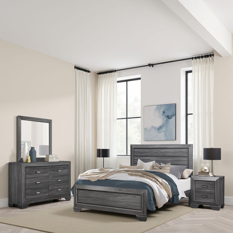 Ensemble de chambre à coucher grand format 4 pièces Sia, avec panneau, placage en faux bois gris