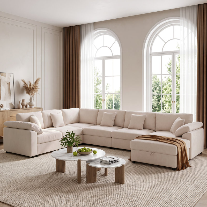 Canapé d'angle modulaire 7 pièces en chenille de 144 po avec pouf, assise large et profonde, Beige