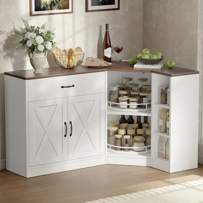 Corner Cabinet With Charging Station, Kitchen Pantry Cabinet With 2 Tier Lazy Susan Turntable, Farmhouse Corner Storage Cabinet With Adjustable Shelf, L-Shaped Food Pantry Buffet Sideboard (White)