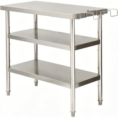 Table de travail à bord droit en acier inoxydable 36 po à trois couches avec tablette à déchets, 36 po x 18 po x 35 po, table de préparation commerciale robuste, 0,7 mm d'épaisseur, 36 po x 18 po x 35 po - avec support à déchets - 0,7 mm