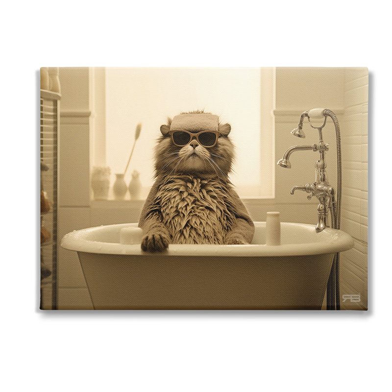 «Cool Cat in Bathaign», art mural sur toile par RB, H 30 po x l 40 po