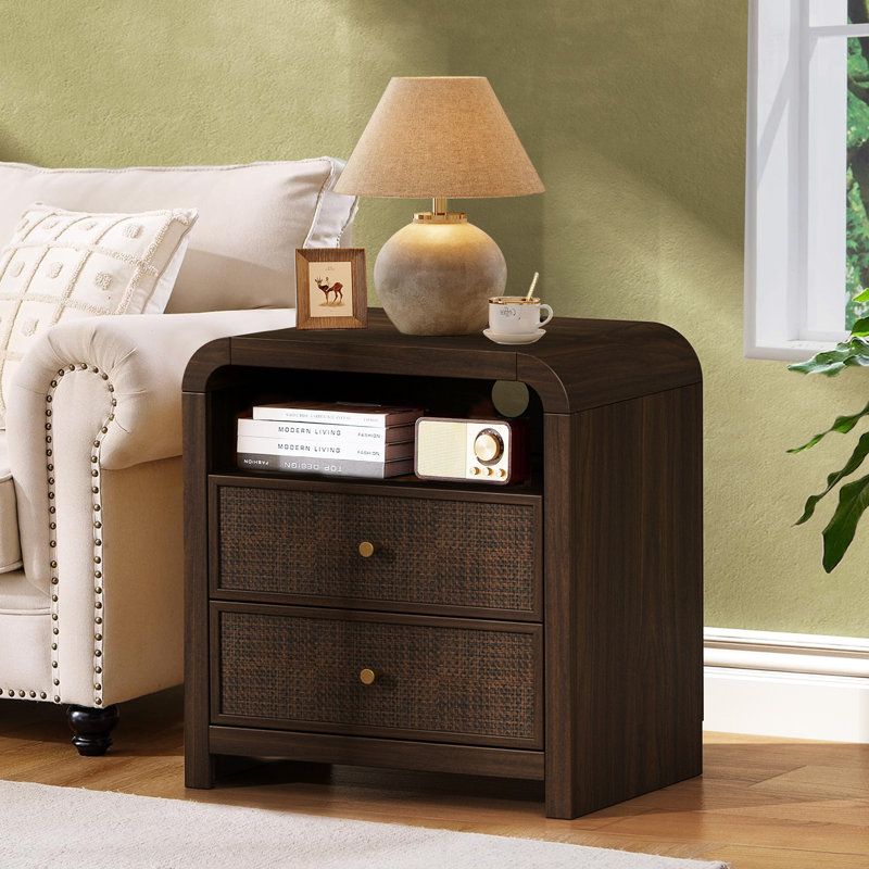 Cevat 23.6'' Rattan End Table with Ample Storage, Boho Nightstand with Charging Station, Walnut
