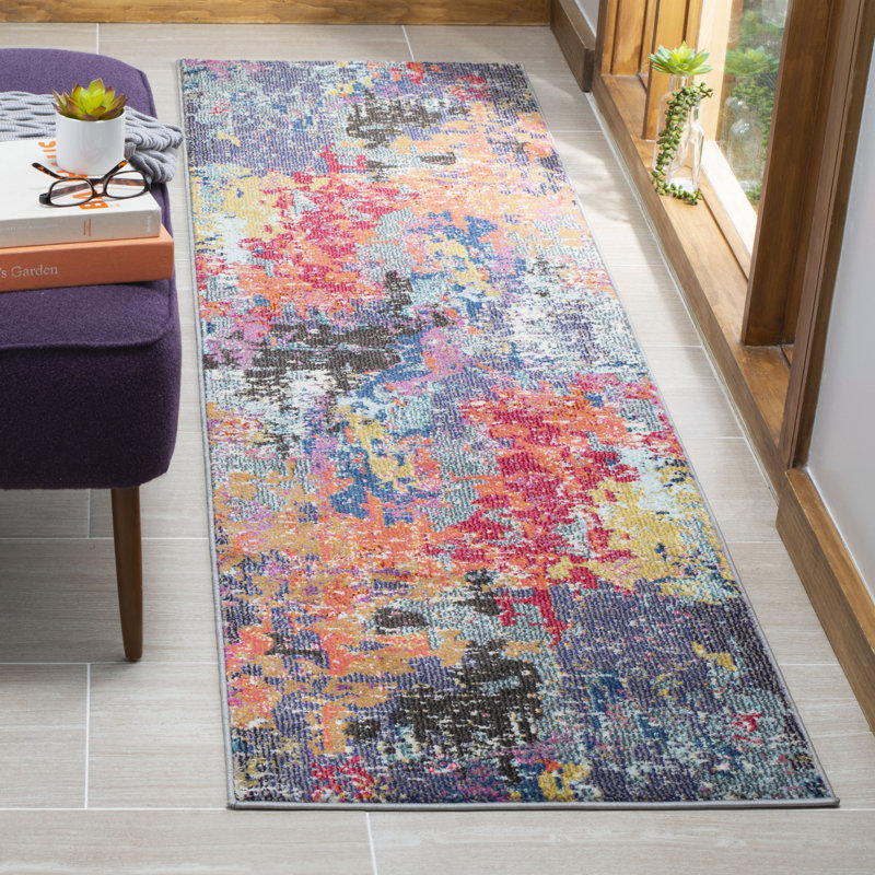 Tapis abstrait bleu / orange Hertzler, Tapis de couloir 2 pi 2 po x 8 pi