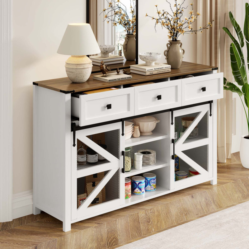 55'' Sliding Barn Door Sideboard Buffet Cabinet With 3 Drawers