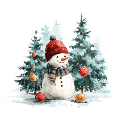 «Cheerful Snowman in Winter Forest», art mural sur toile tendue