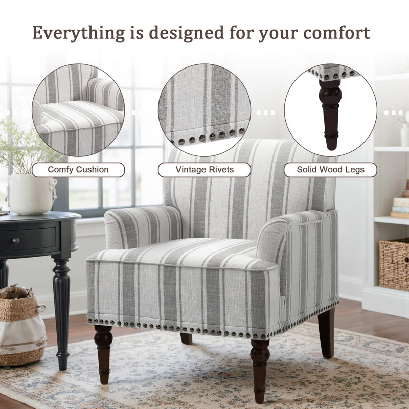 Arian 73 Cm Wide Cotton Armchair, Grey Stripe Linen Blend