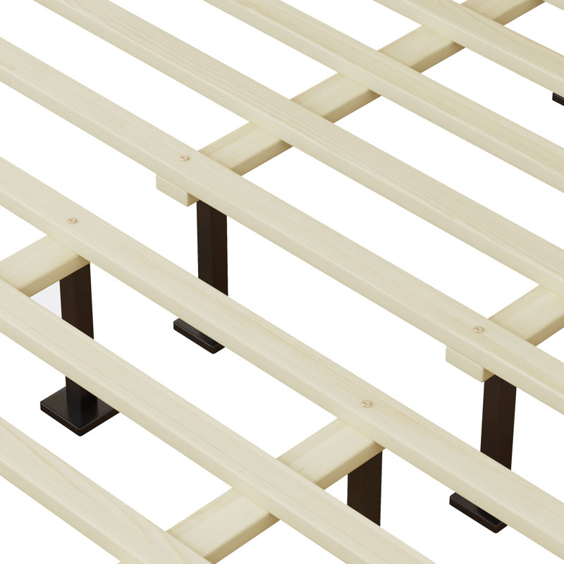 Lit plateforme en bois massif avec un design Mid-Century, ton naturel, tête de lit tissée, structure, lattes, supportant jusqu'à 800 livres, convient à différents styles de chambre à coucher, finition, densité de caoutchouc faible