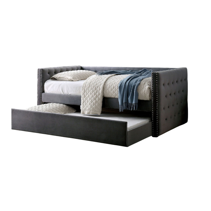 Suzo Daybed With Trundle, Flannelette Upholstery, Nailhead Trim, Gray