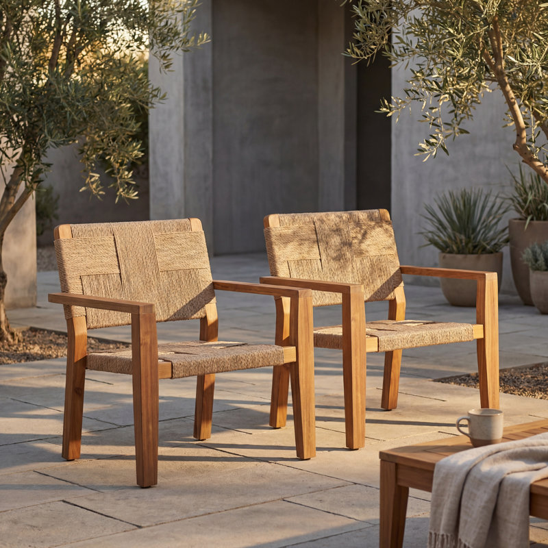 Fauteuil club d'extérieur en bois d'acacia Braeton Contemporary Coastal, Corde naturelle / finition brune