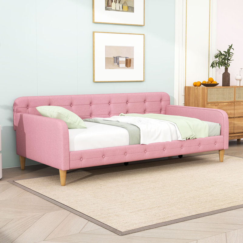 Full Upholstered Dayed With Slats And Legs, Twin, Pink