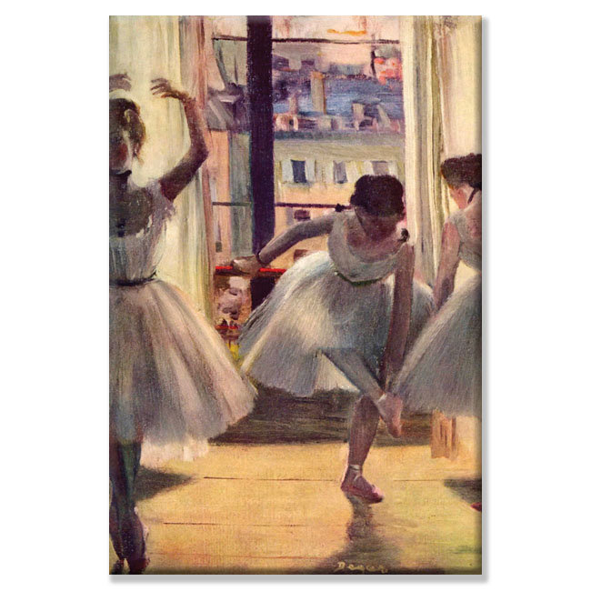 "Trois danseurs dans une salle de pratique" par Edgar Degas, reproduction d'art sur toile tendue, H 24 po x l 16 po
