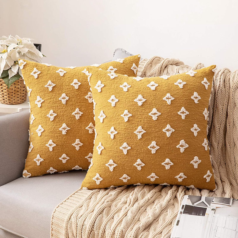 (Covers Only) Set of Two 2 Sizes White Embroidered Diamond Throw Pillow Covers, 18"H x 18"W, Yellow
