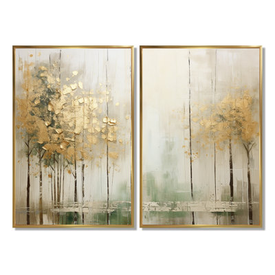 Minimalism Beige And Gold Forest II - Forest Oversized Canvas Wall Art 2-Panels