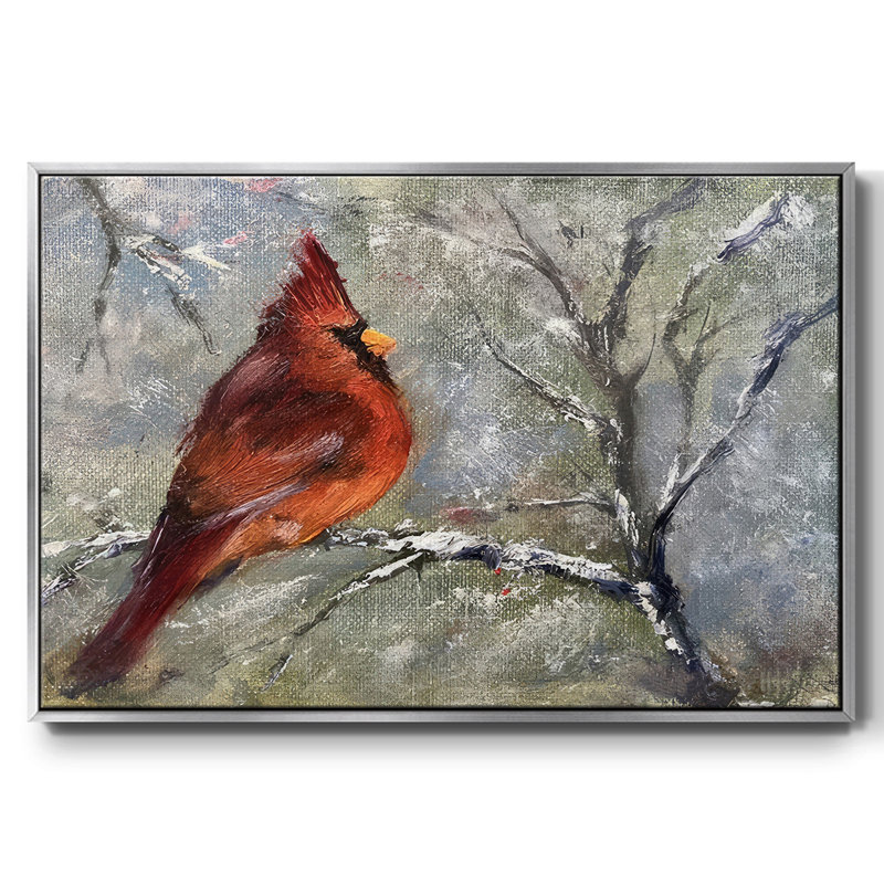 «Cardinal in Snow II», toile tendue avec châssis, H 17 po x l 25 po x P 1,5 po, Encadrement argenté