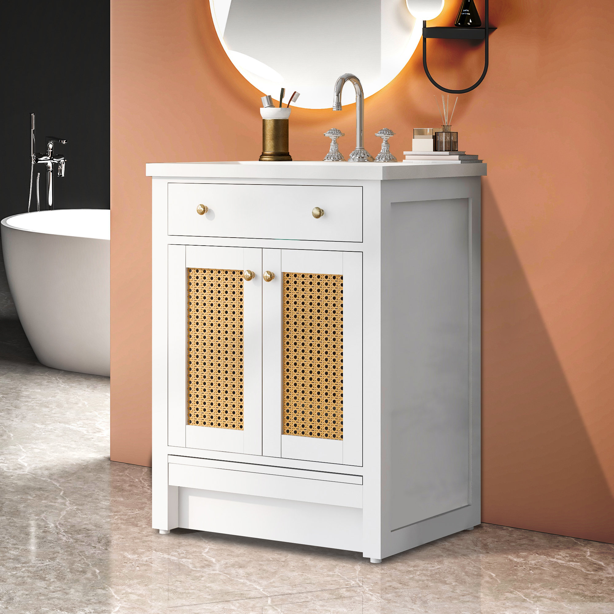 Bathroom Vanity Cabinet with Single Sink and Pull-Out Footrest, 24 White  Combo Cabinet Undermount Sink, Bathroom Storage Cabinet with Solid Wood  Frame 