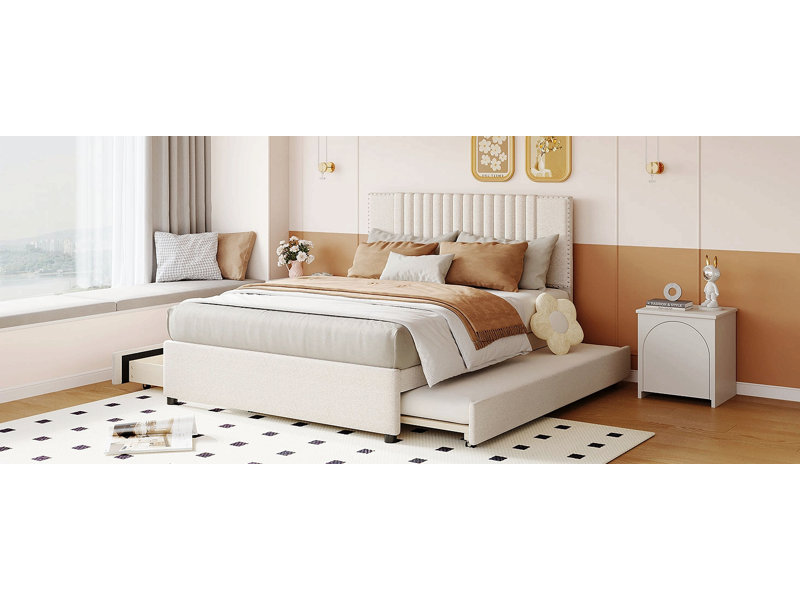 Lit plateforme tapissier avec 2 tiroirs et 1 lit gigogne simple Christiano, Beige