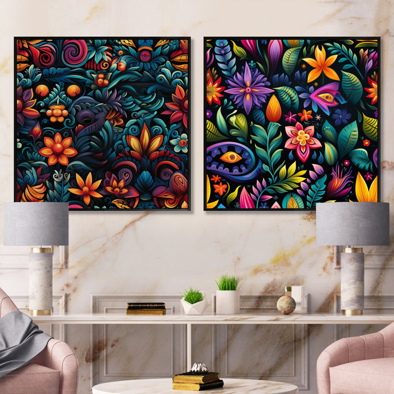 Kronburgh - Ensemble de 2 collages carrés floraux, Cadre flottant noir, H 16 po x l 33 po