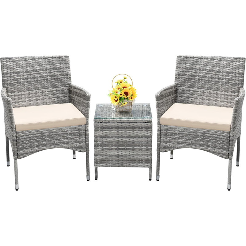 Patio Porch Furniture Sets 3 Pieces PE Rattan Wicker Chairs With Table Outdoor Garden Furniture Sets (Brown/Blue), Beige