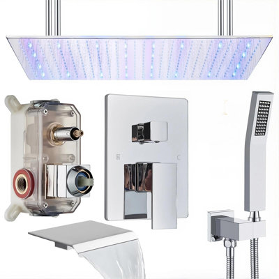 chrome16"x32"Shower Faucet System LED Rainfall Shower Head w/Handheld Spray &Tub Spout