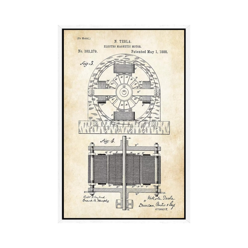 Nikola Tesla Electromagnetic Motor by Patent77 - Floater Frame Gallery-Wrapped Canvas Giclée on Canvas, White