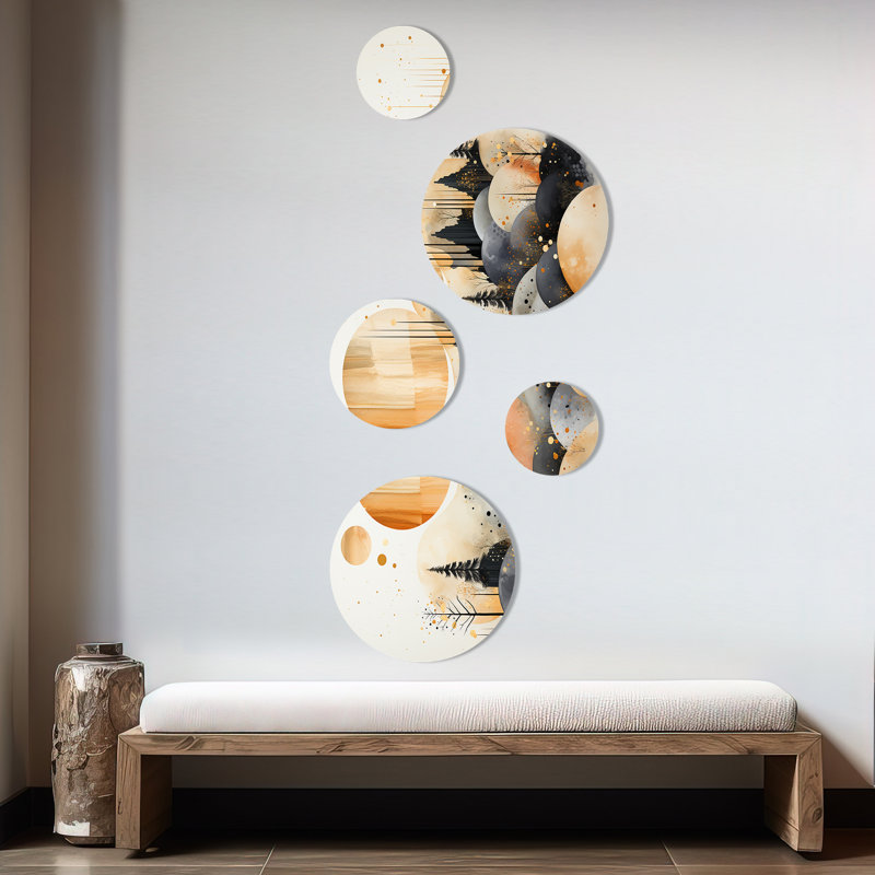 «Yellow and Black Landscape Symphony III», ensemble d'art mural rond paysage abstrait de 5