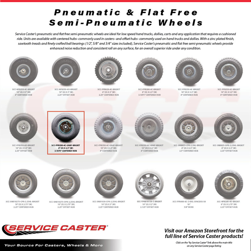 SCC - 8" x 2.5" Wheel Only with 3.1875" Centred Hub and Ball Bearings, Gris pneumatique