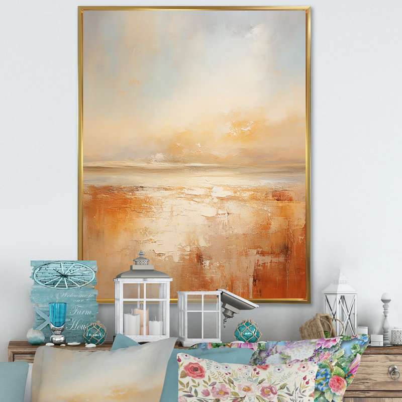 «Beige Sandy Clouds Horizon II - salon d'art mural nuages, Cadre flottant doré, H 44 po x l 34 po