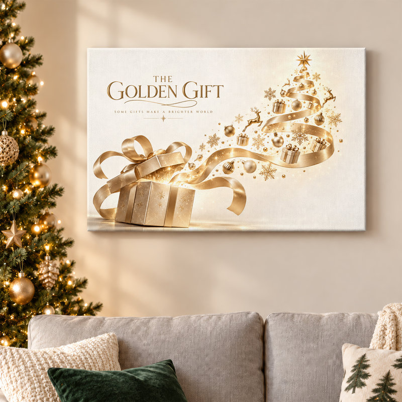 Toile de Noël dorée et ruban rougeoyant, art mural sur toile de Noël, H 12 po x l 18 po